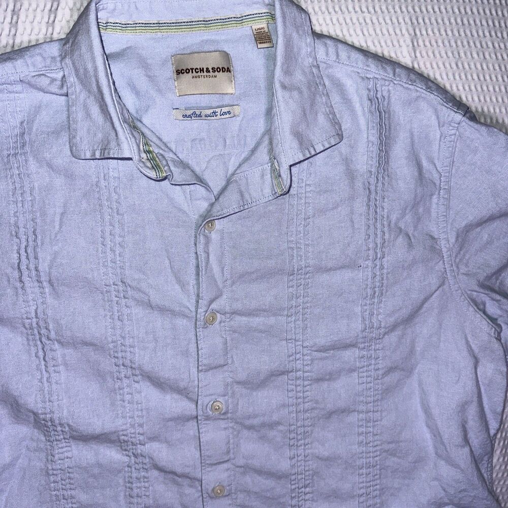 Scotch & Soda Men's Linen Blend Short Sleeve Woven Shirt, Light Blue, Size L